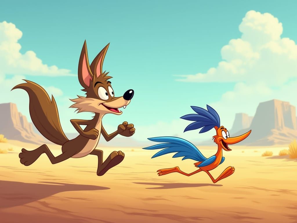 Cartoon Coyote Chases Roadrunner in Dreamlike Detail