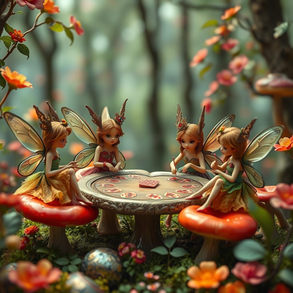 Fairies Play Poker in Whimsical Forest, Fantasy Art