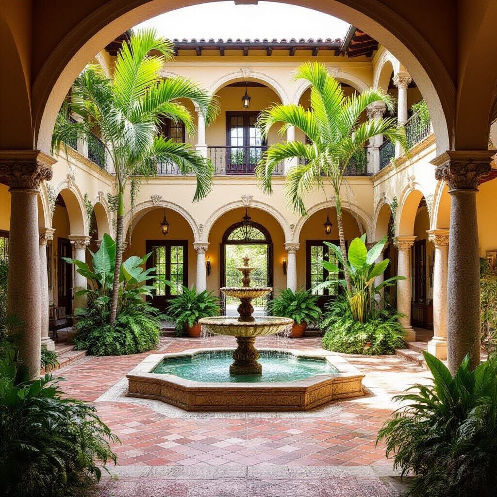 Lush Colonial Courtyard with Fountain in Tropical Colors