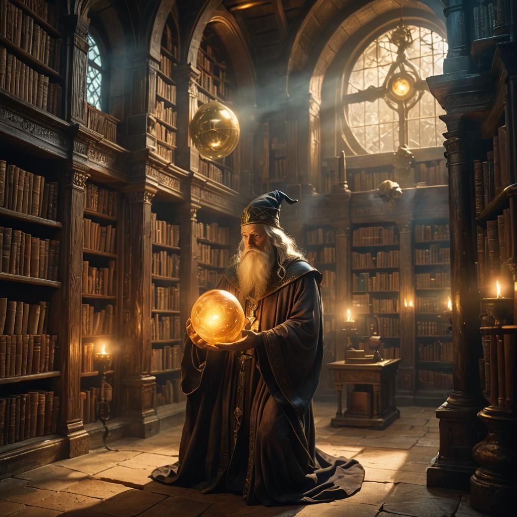 Wizard Gazing into Mystic Orb in Ancient Library