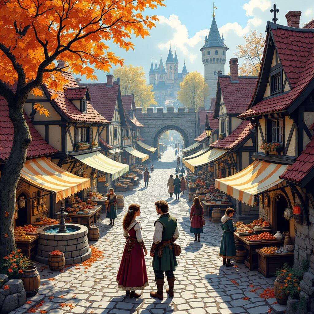 Vibrant Medieval Market Scene in Autumn