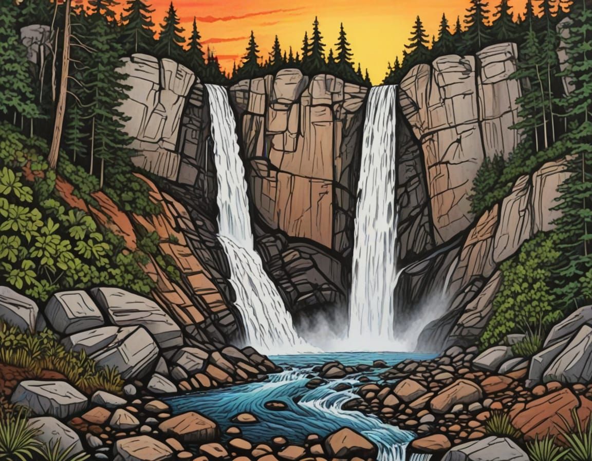 Vibrant Sunset Waterfall in Dazzling Alcohol Marker Colors