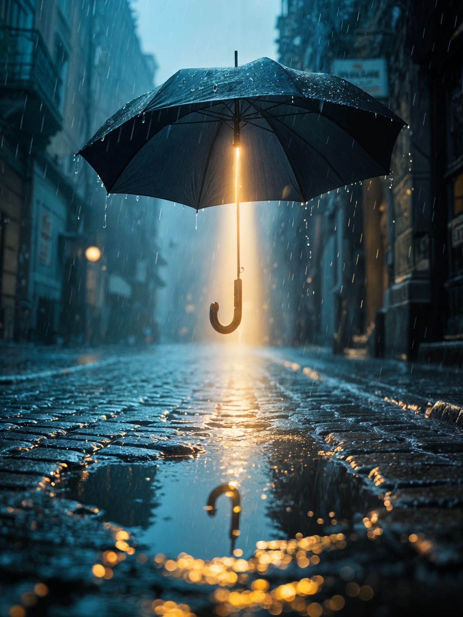 Umbrella Sheltering Sunbeam in Rainy City