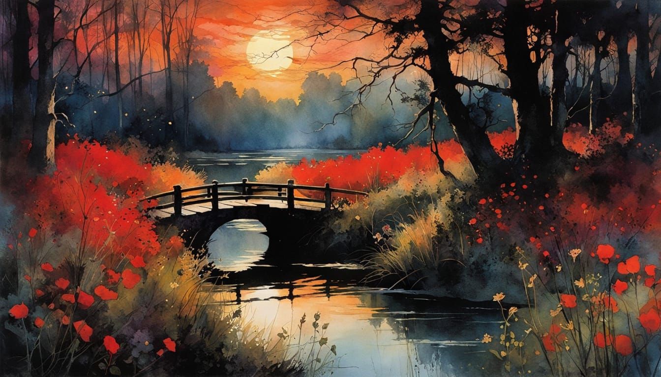 Dramatic Eclipse Over Swampy River: Watercolor Print