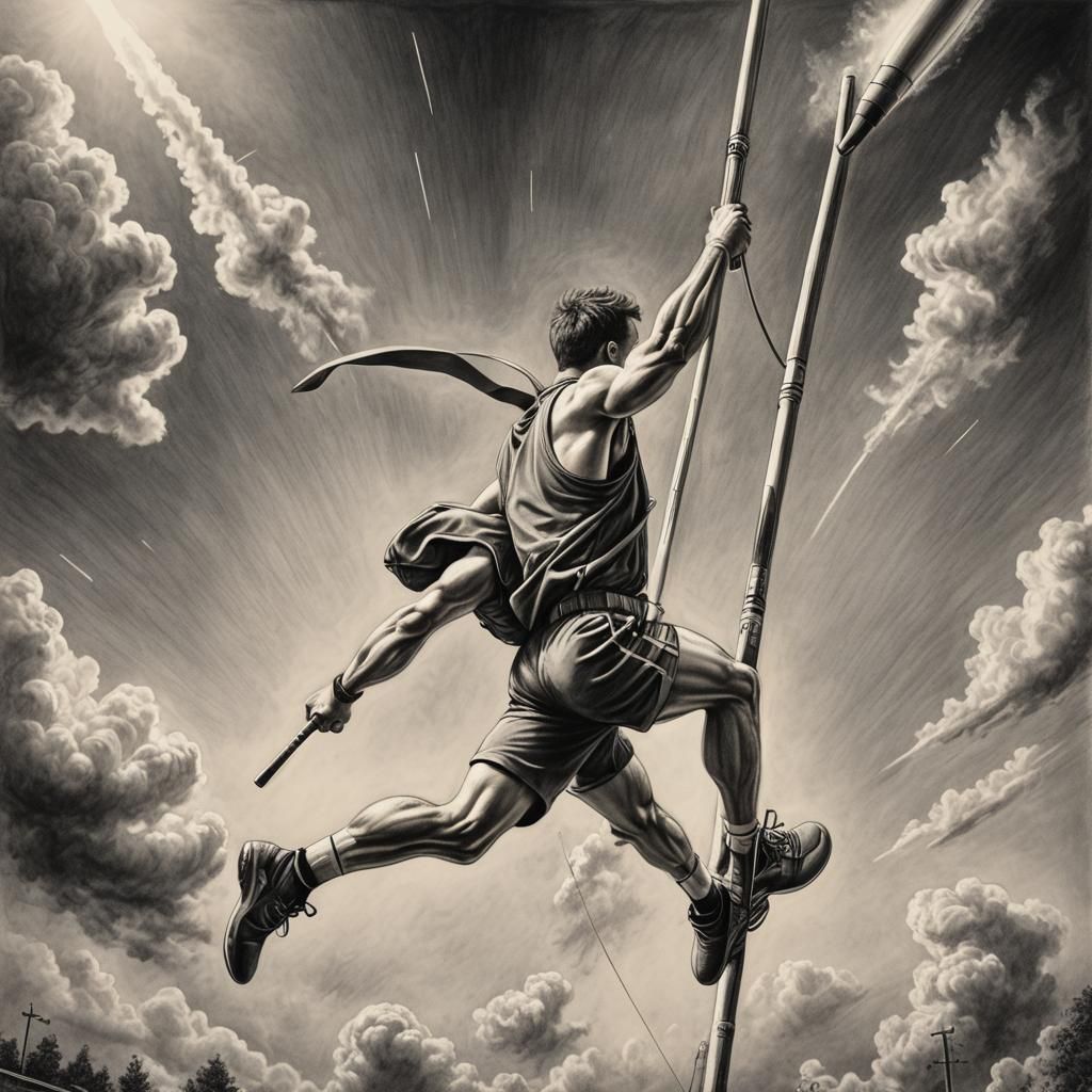 Pole Vaulter Soaring with Rocket Pack: Charcoal Art