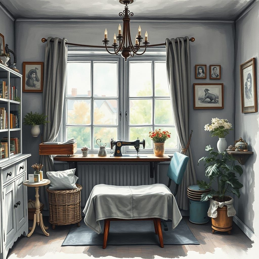 Impressionist Sewing Room in Gouache and Watercolor