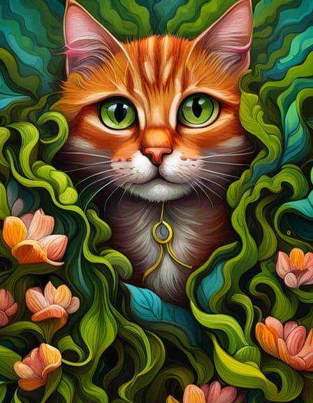 Colorful Cat Graffiti Art With Vines and Flowers
