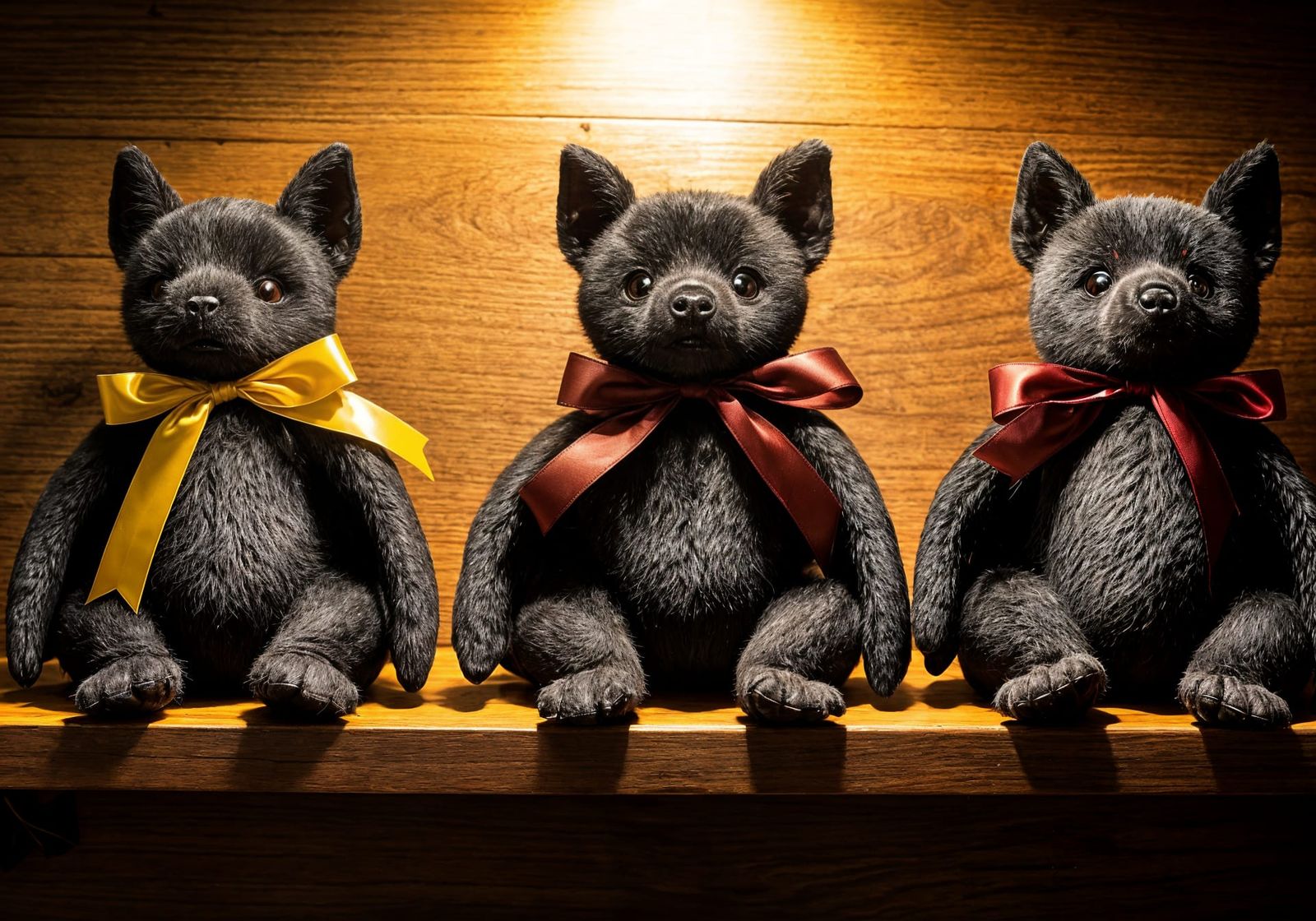 Three Black Bat Stuffed Animals Adorned with Colorful Ribbon...