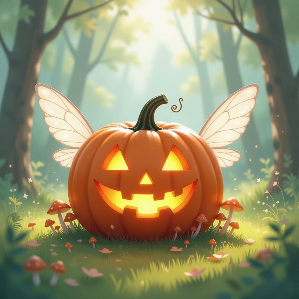 Enchanted Glowing Pumpkin with Gossamer Wings in Forest Clea...