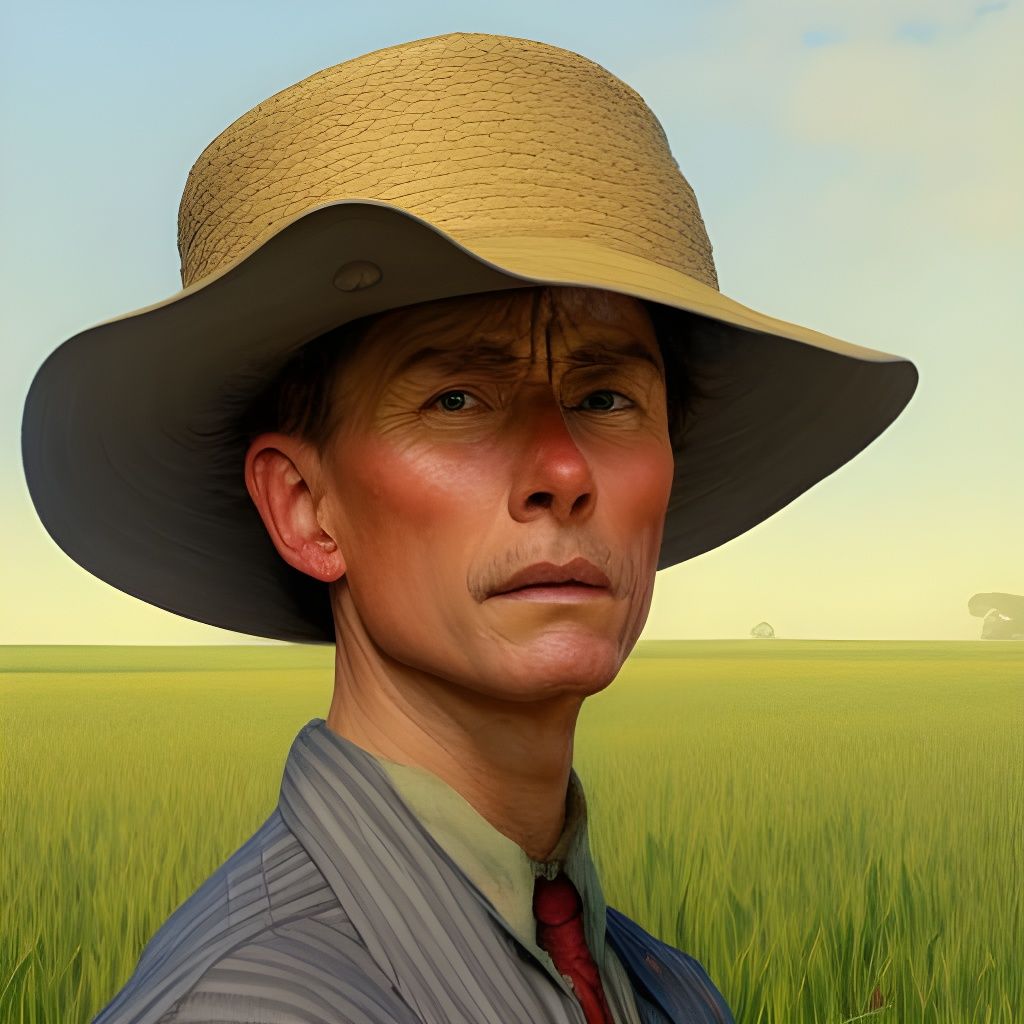 Full body portrait of a Farmer in a field wearing  a straw hat in the style of Norman Rockwell