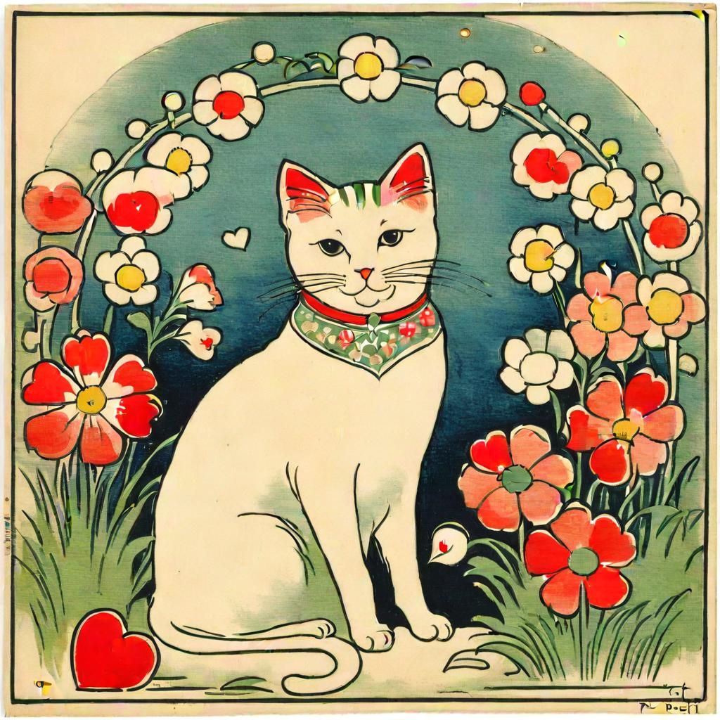 Cute Cat Surrounded by Flowers, Vintage Illustration