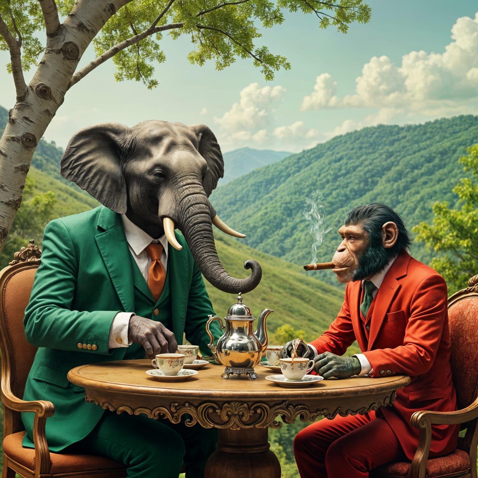 Elephant and Monkey Tea Party, Hyperrealistic Art