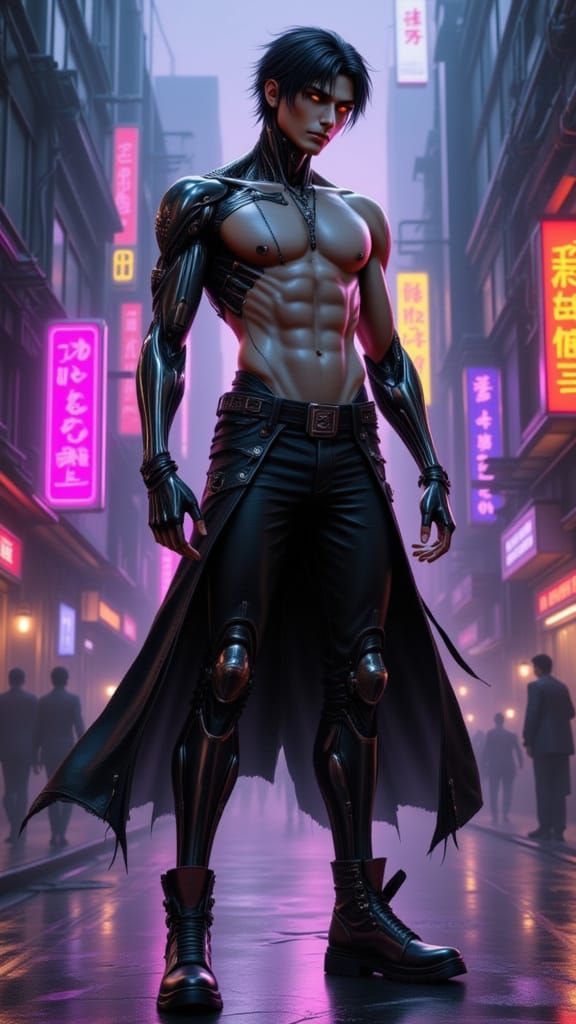 Striking Male Cyborg Hybrid in Cyberpunk City