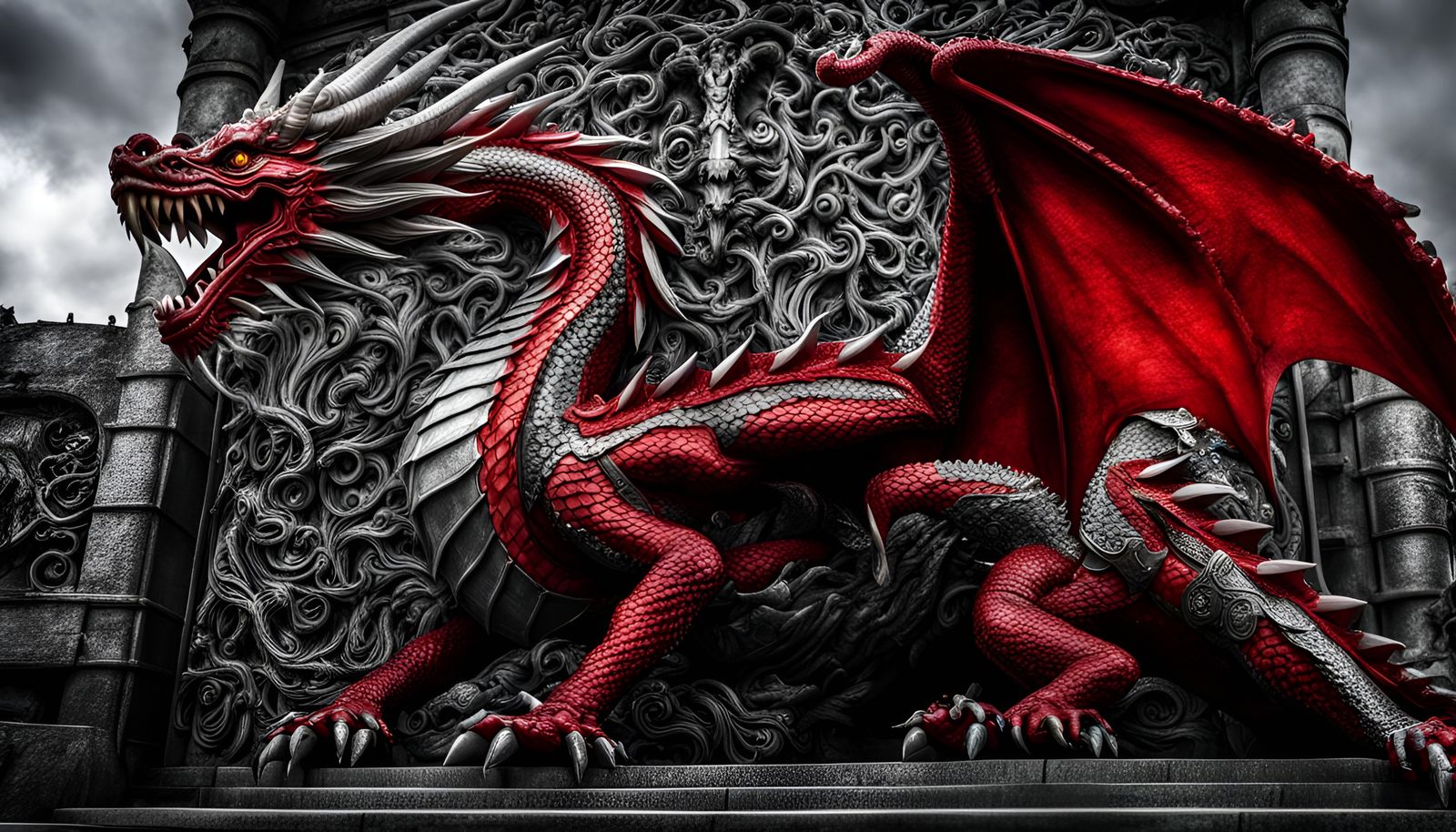 Armored Red and Silver Dragon Guarding Hell