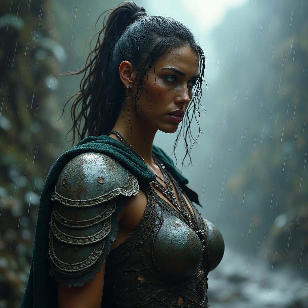 Amazon Warrior Woman in Turbulent Stormy Landscape