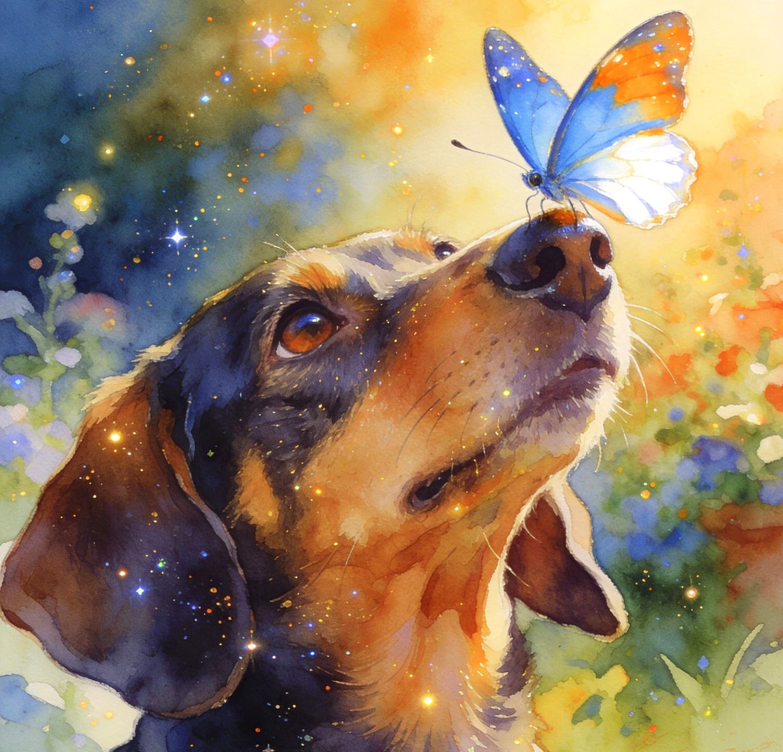 Adorable Dachshund with Butterfly on Nose in Golden Light