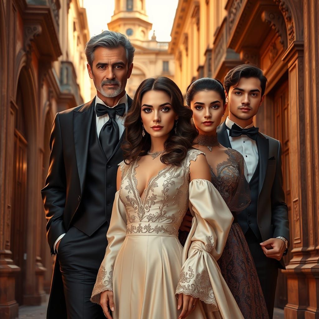 Refined Family Amidst Historic Architecture in Golden Light