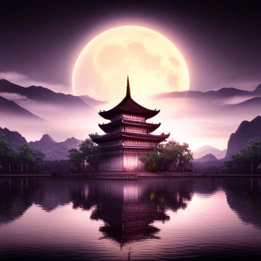 Chinese Temple Reflecting Silver Moonlight on Lake