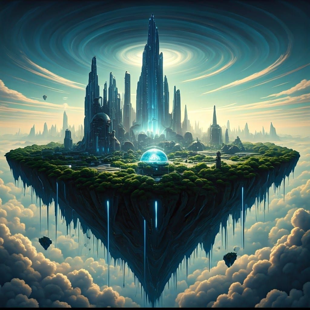 Futuristic Island City Floating in Iridescent Clouds