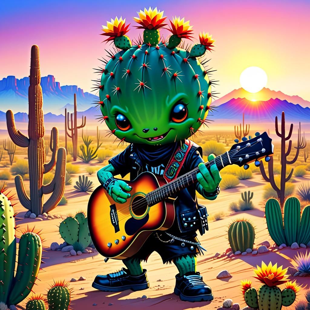 Punk Rock Cactus Plays Guitar at Desert Sunset