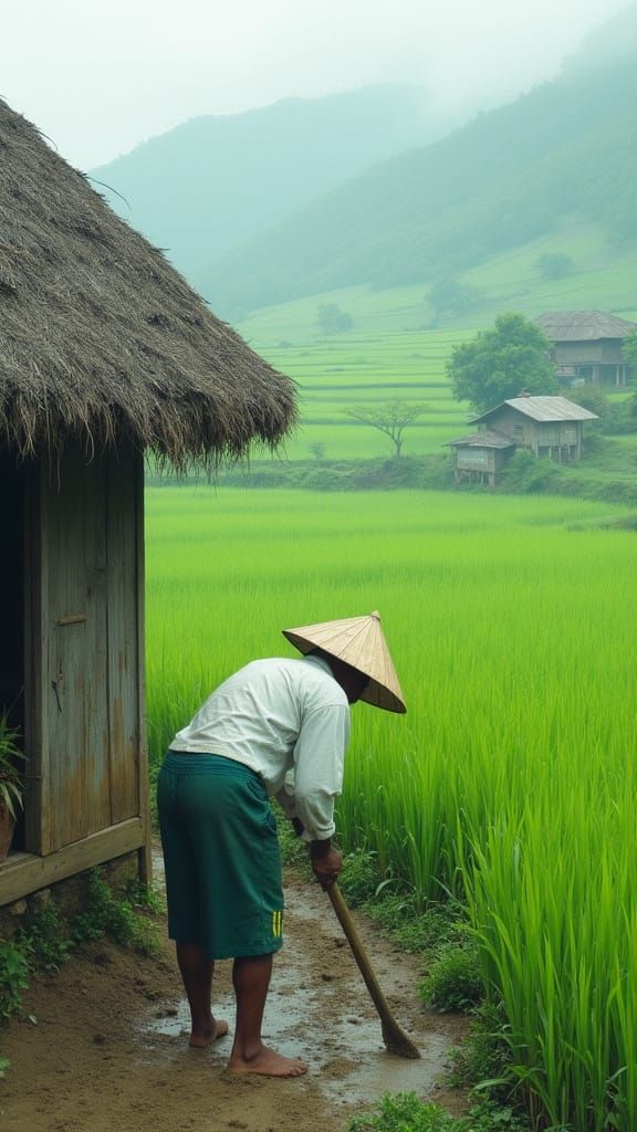 Rural Morning Scene with Man Cleaning Mud Near Thatched Hous...
