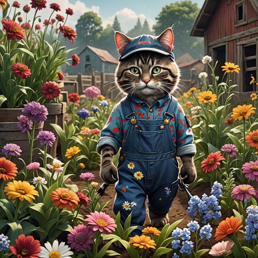 Farmer Cat Planting Flowers: Detailed Matte Painting