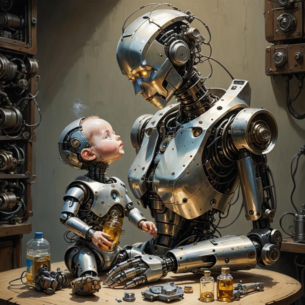 Robot Mother Breastfeeding Oil to Son: Mechanical Motherhood