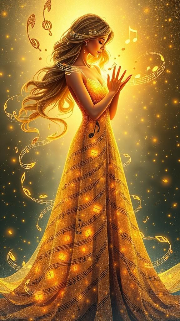 Luminous Woman with Music Notes in Glittering Fantasy Art