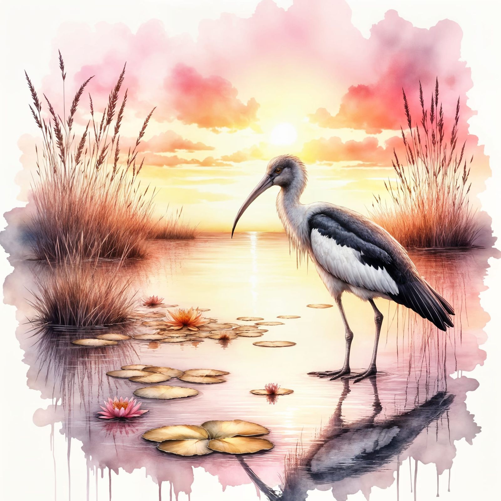 Ibis in Dawn Light as Watercolor Painting
