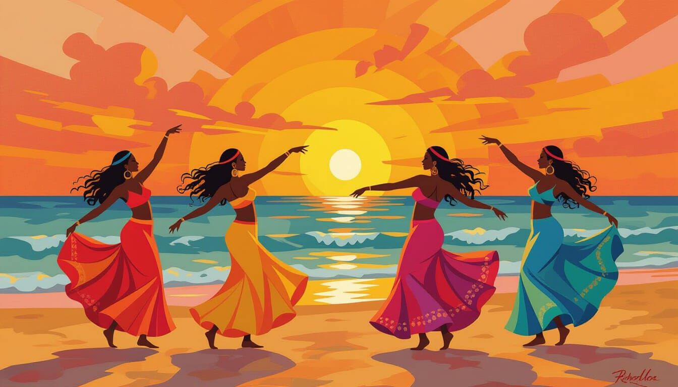 Latina Dancers on Beach in Abstract Expressionism