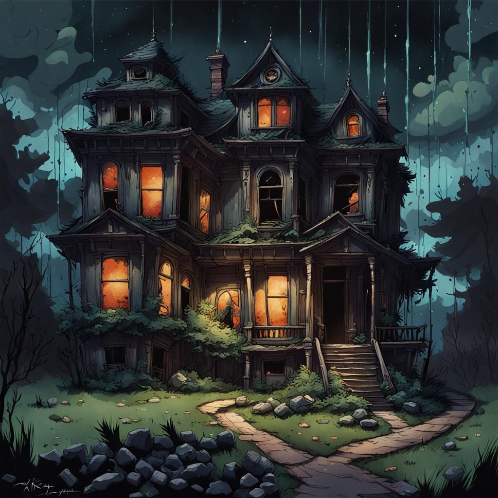 Dilapidated Mansion at Night in Speedpaint Style