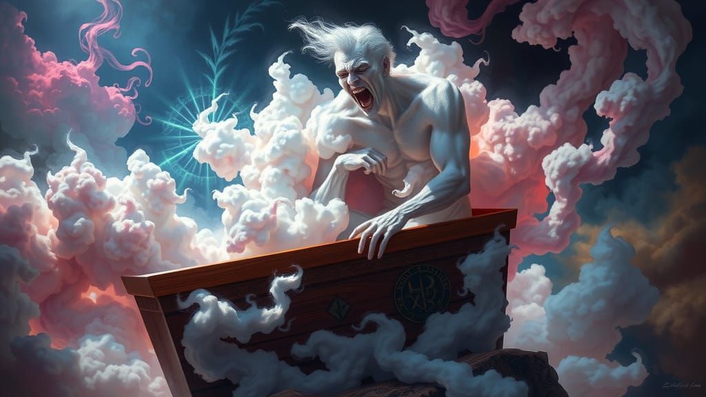 Cloud Man Unleashes Ethereal Energy in a Dark, Mystical Scen...