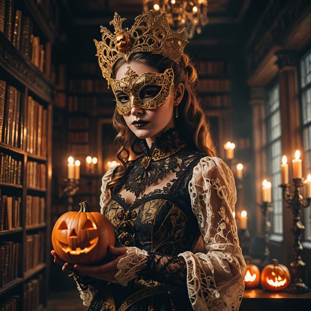 Elegant Woman with Jack-o-Lantern in Dark Library