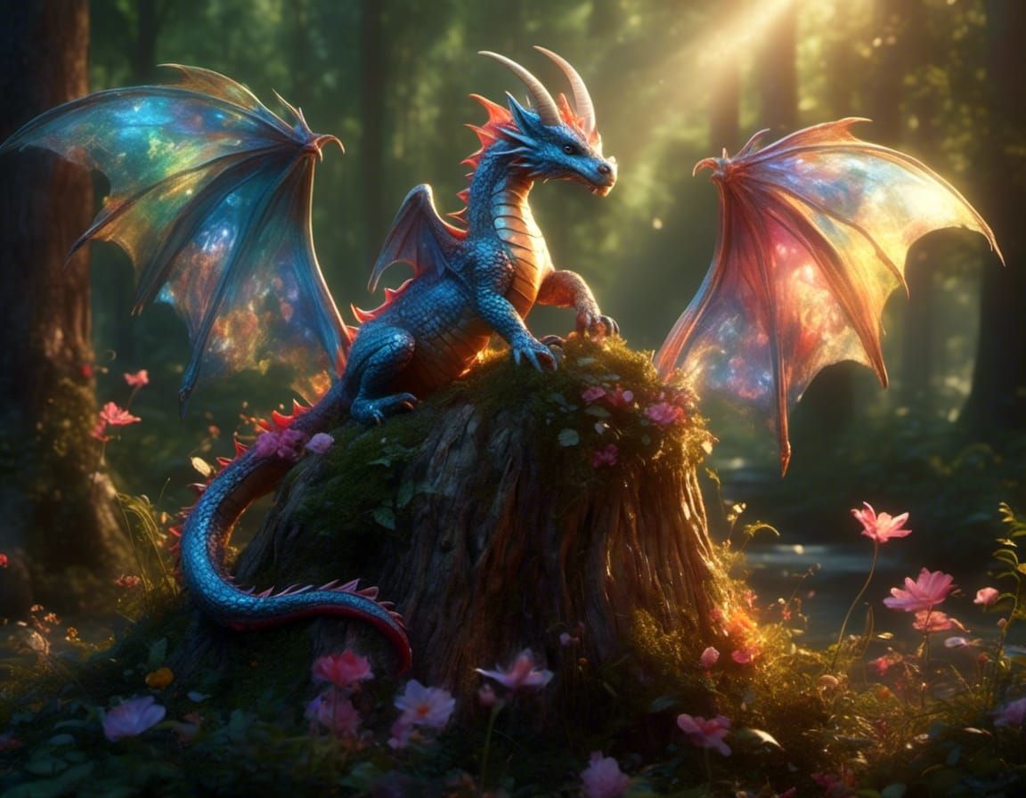 Colorful Dragon with Translucent Wings in Forest