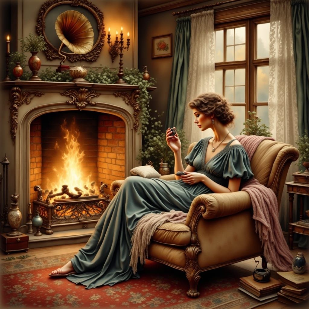 Cozy 1920s Woman with Gramophone in Antique Watercolor