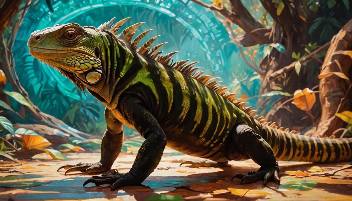 Iguana in Lush Jungle: An Impasto Oil Painting