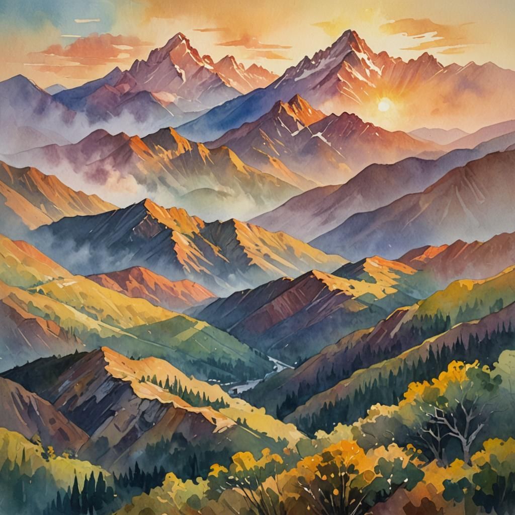 Majestic Mountains at Dawn: An Impressionist Gouache Paintin...