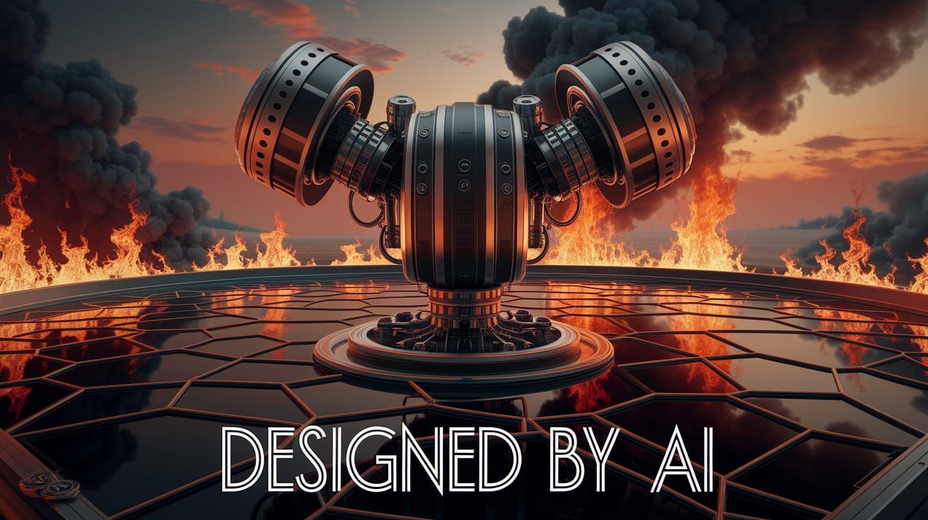 Futuristic Machine Amidst Burning Petrochemicals
