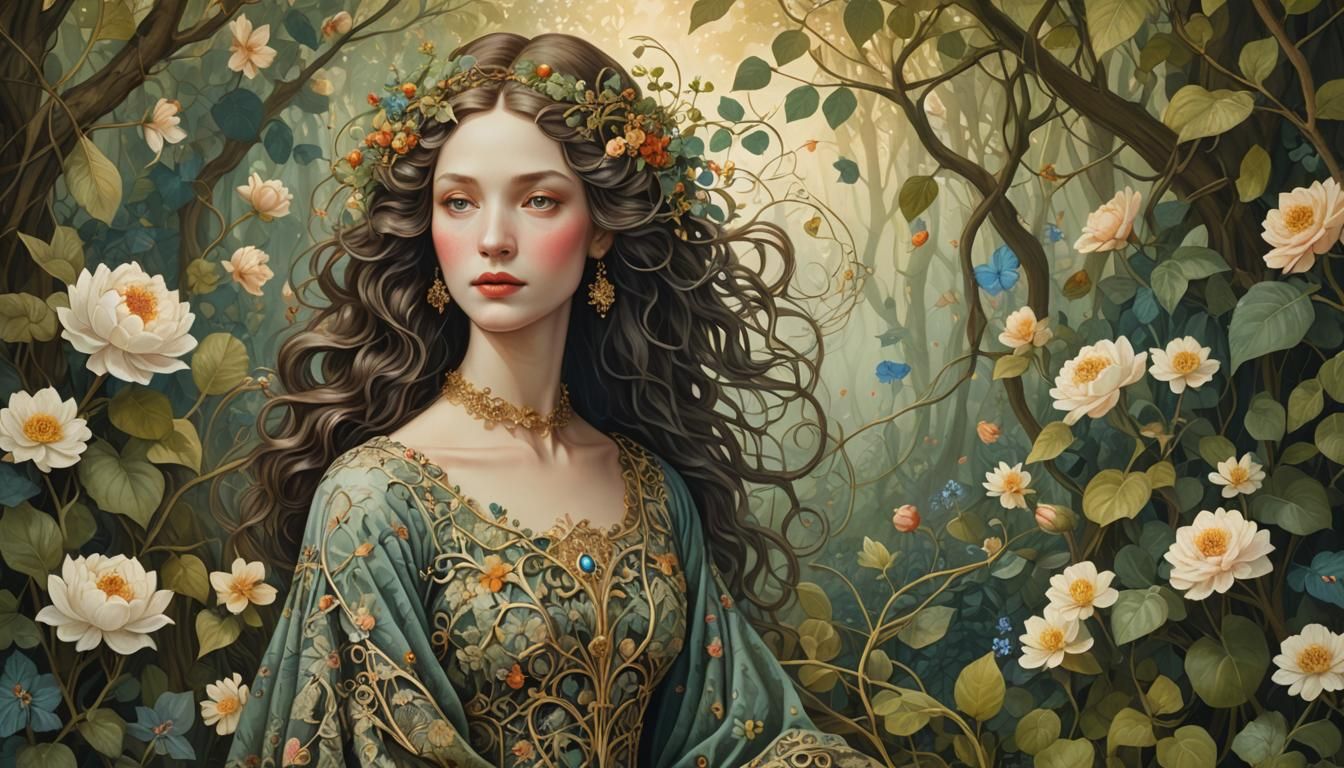 Ethereal Woman in Forest with Ancestral Figures