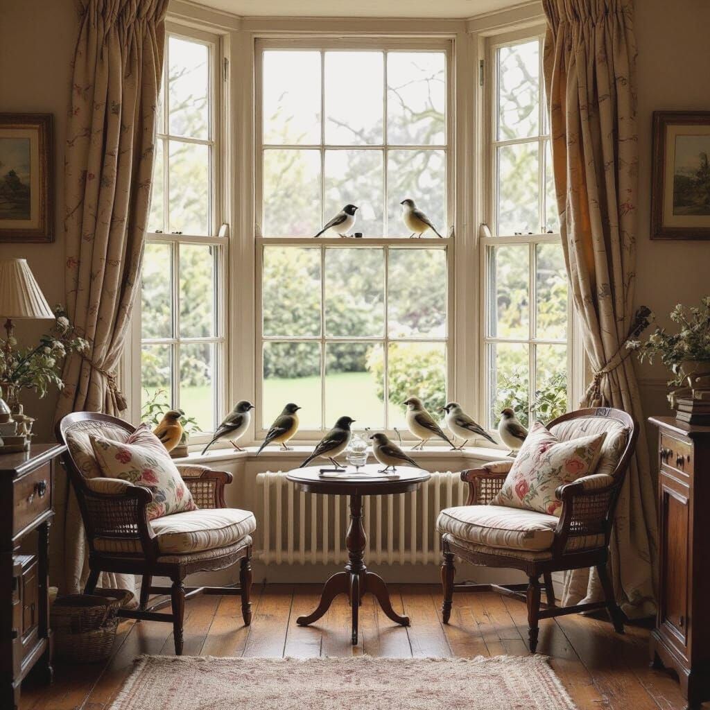 Cozy Furnished Room with Birds at the Window