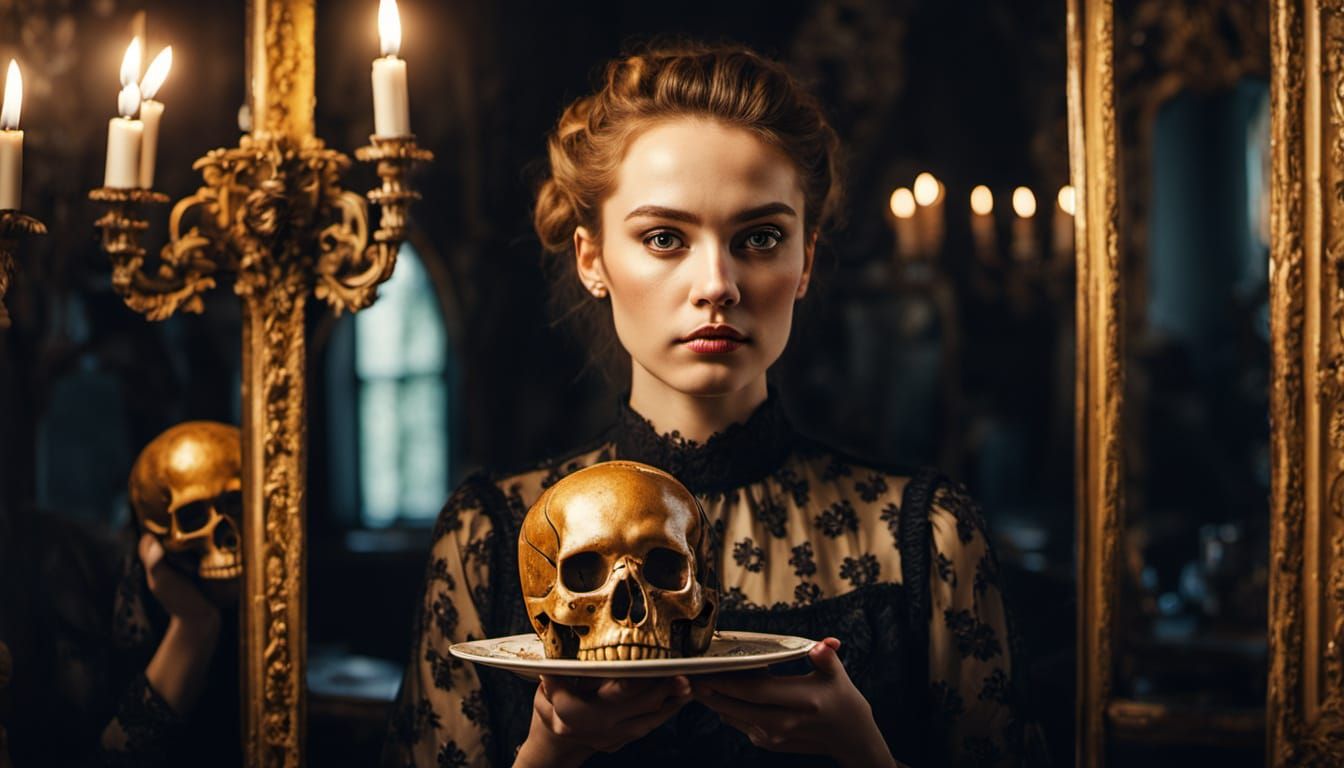 Baroque Portrait of Woman with Cake and Skull