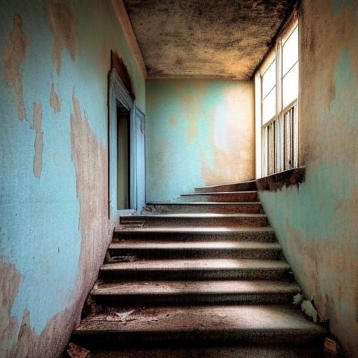 Desolate Staircase in Abandoned House with Sunbeam