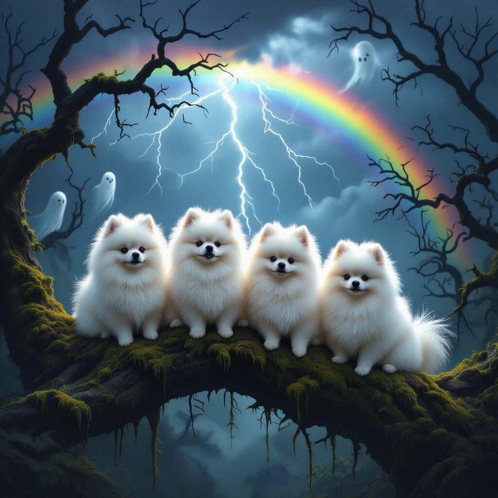 Pomeranians in Thunderstorm with Rainbow and Ghosts
