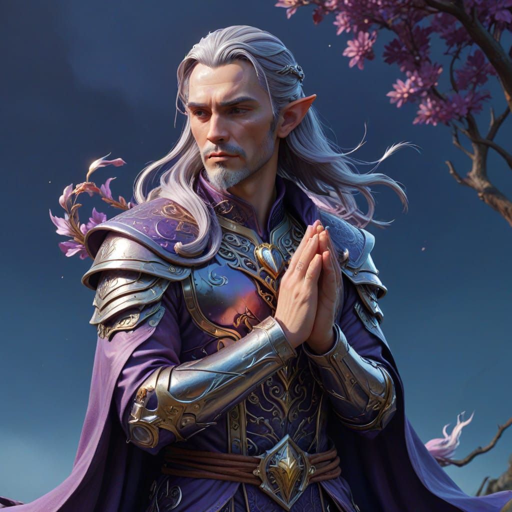 Elegant Male Elf Bard in Purple Armor