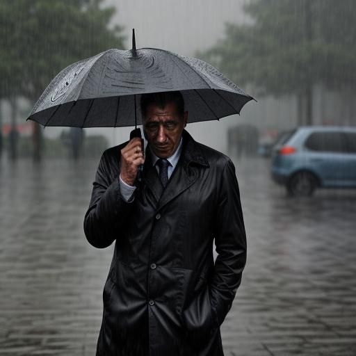 Solitary Man in Rain Hides Tears of Grief