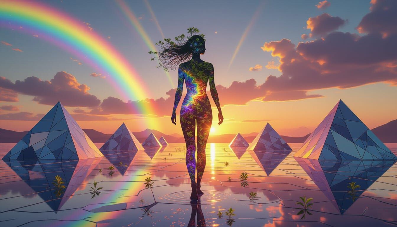 Woman of Light and Prism Landscape in 8k