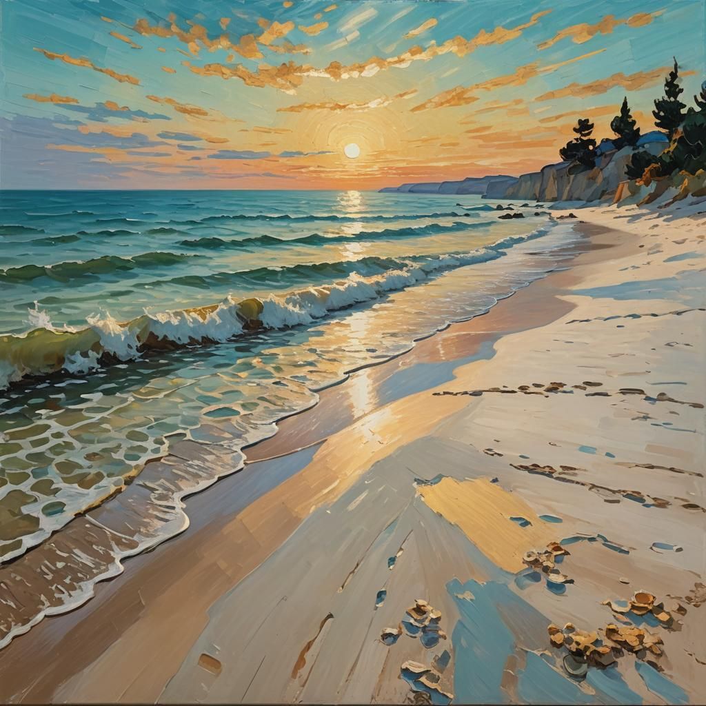 Neo-Impressionist Beach Scene at Sunset