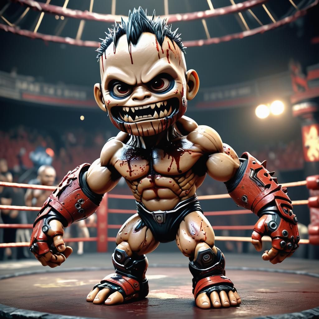 A hyperrealistic 8K 3D render of a Chibi styled monster wrestler with detailed musculoskeletal technically advanced robo...