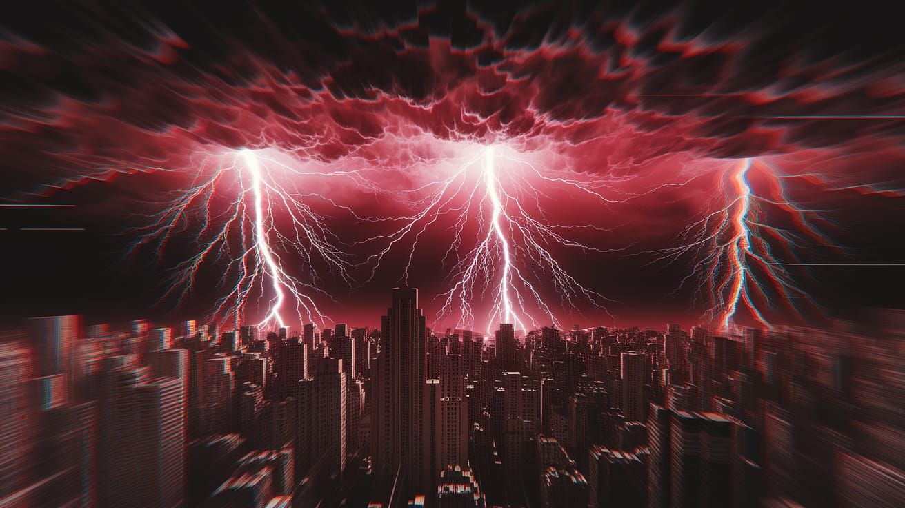 Digital Glitch Art: Distorted Stormy Cityscape with Red Ligh...