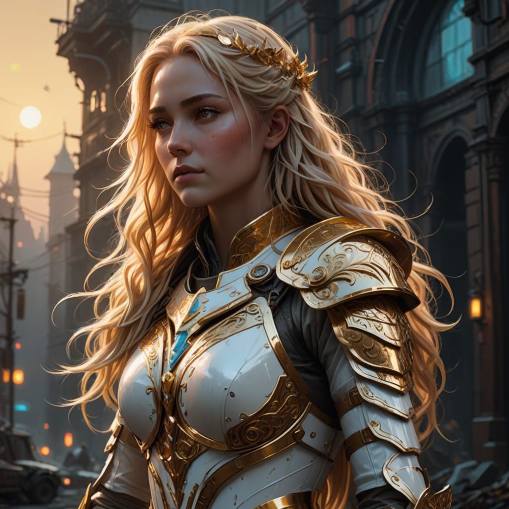 Ethereal Aasimar Cleric in White Armor with Golden Hair